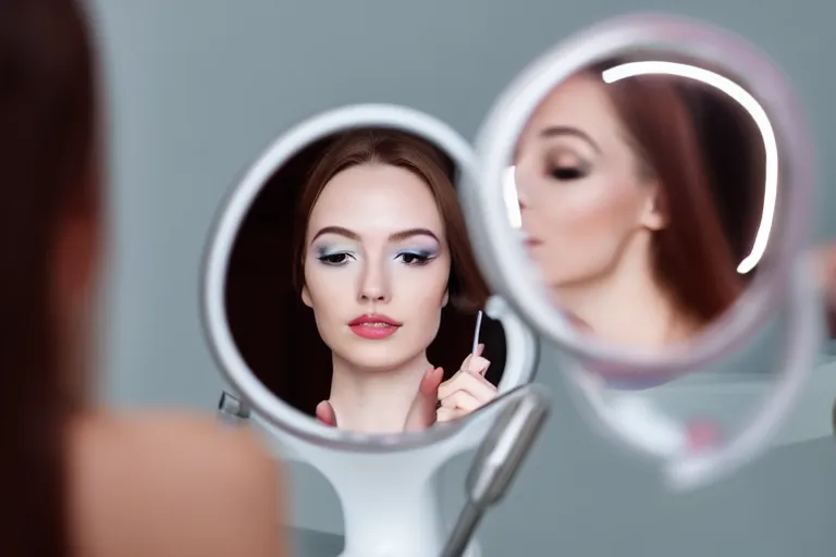 Image similar to beautiful female android, putting on makeup in front of a mirror, bathroom environment