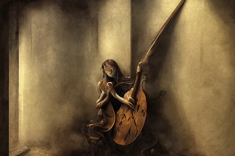 Image similar to still life of a lute with smoke wisping up from its smoldering string, cursed baroque with ebony inlay, designed by brian froud and hr giger leans against the wall alone, abandoned. an empty brutalist chamber, lonely, somberlate afternoon lighting cinematic fantasy painting by jessica rossier