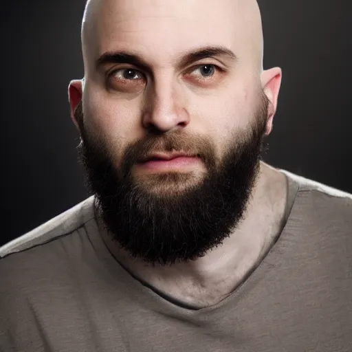 Prompt: pale light skin bald man with a slightly small green eye, a long round face, a slightly wide nose, a slightly long dark full curly beard wearing a black shirt studio photo, detailed, nice lighting