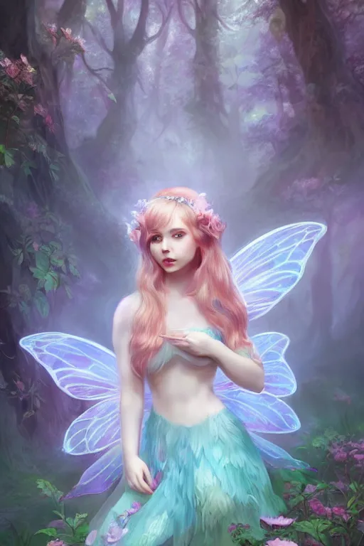 Image similar to a cute fairy in the dreamy forest, fantasy, 8 k resolution, hyper detailed, d & d, character design, digital painting, trending on artstation, sharp focus, illustration, art by artgerm, steve zheng, fuji choko, viktoria gavrilenko, hoang lap