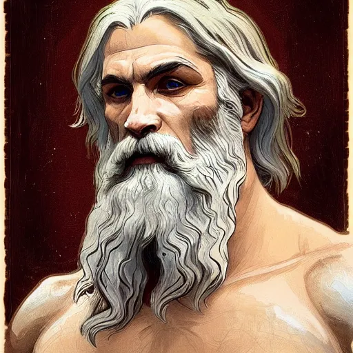 Image similar to painted portrait of rugged zeus, greek god, 4 0 years old, handsome, white hair, soft hair, upper body, muscular, hairy torso, fantasy, intricate, elegant, highly detailed, digital painting, artstation, concept art, smooth, sharp focus, illustration, art by alphonse mucha