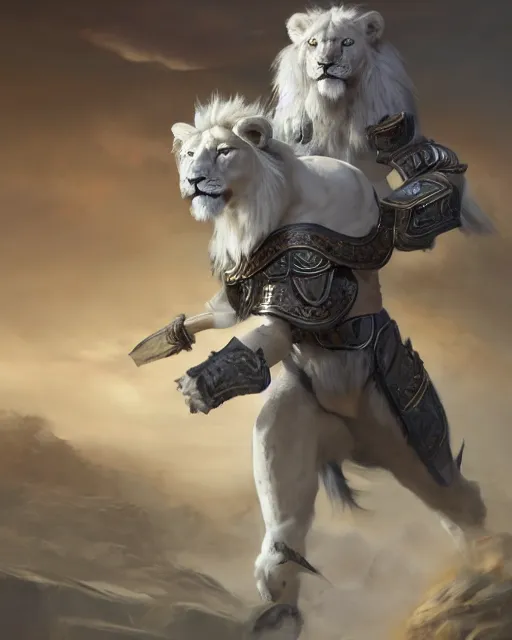 Image similar to oil painting of Anthropomorphized White Lion General in Battle, wearing armor, wearing fur cloak, sharp focus, holding Sabre, heroic pose, fantasy style, octane render, volumetric lighting, 8k high definition, by greg rutkowski, highly detailed, trending on art Station, magic the gathering artwork, Battlefield backround, centered