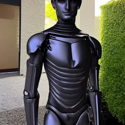 Image similar to “a realistic detailed photo of a guy who is an attractive humanoid who is half robot and half humanoid, who is a male android, twitch streamer Ninja Tyler Blevins, shiny skin, posing like a statue, blank stare, fountain outside house, display”