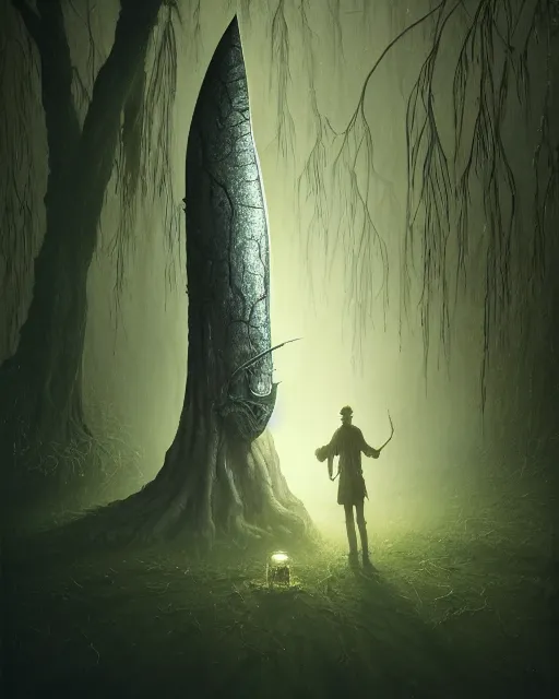 Prompt: highly detailed surreal vfx portrait of a cursed dagger in a shadowy swamp by a willow tree, stephen bliss, unreal engine, greg rutkowski, loish, rhads, beeple, makoto shinkai and lois van baarle, ilya kuvshinov, rossdraws, tom bagshaw, alphonse mucha, global illumination, detailed and intricate environment