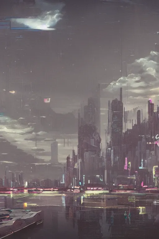 Image similar to the sky above the port was the colour of television tuned to a dead channel, cyberpunk