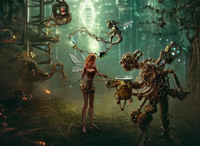 Prompt: intricate mechanical fairy with visible gears having tea with a cyborg demon in a magical forest, having tea with a giant minotaur. Very detailed 8k. Fantasy cyberpunk horror. Sharp. Cinematic post-processing