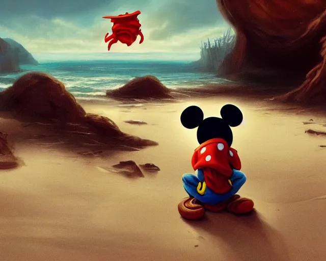 Prompt: Mickey mouse sitting next to terrifying sea creatures on a creepy beach, digital art, in the style of Raphael Lacoste, super detailed, artstation