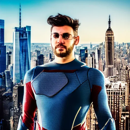 Image similar to portrait of a futuristic superhero, New York City behind him, hd, 4k realistic, award winning photo