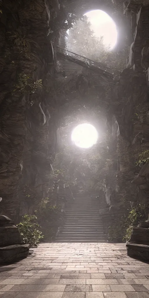 Image similar to entrance to ethereal realm, rendered in unreal engine, central composition, symmetrical composition, depth of field