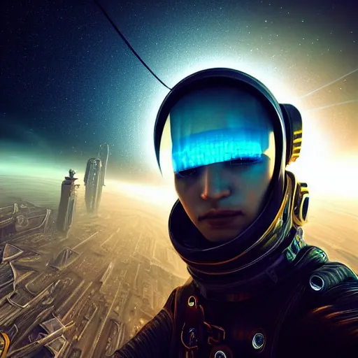 Image similar to Сyberpunk style selfie in a crowded city in space, Neo Norilsk, sci-fi, fantasy, intricate, very very beautiful, elegant, highly detailed, smooth, Unreal Engine 5, sharp focus, by Evgeny Zubkov, by Marat Zakirov, trending on Behance