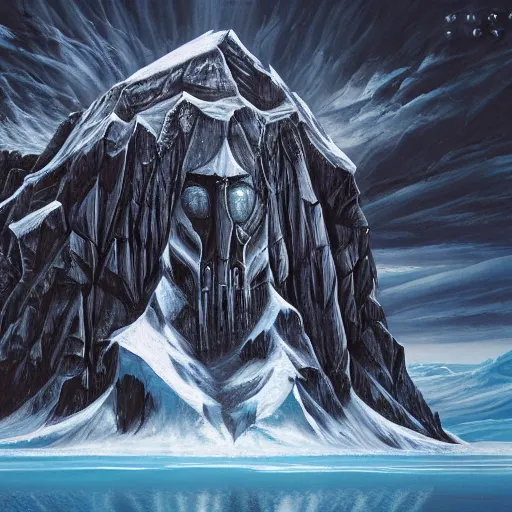 Prompt: epitome mysteries of Antarctica glacial cult mountain god, realistic fantasy, oil painting, extremely high detail, photorealistic, cinematic lighting, oil painting, intricate line drawings, 4k resolution