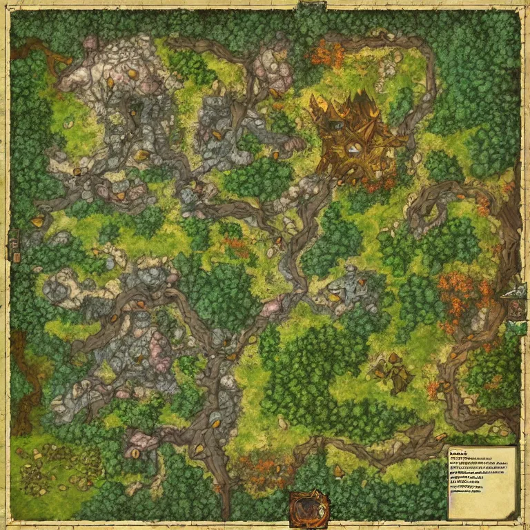 Image similar to full - color fantasy game map of a woodland clearing, battle map, grid, made with dungeondraft, d & d, pathfinder, by jeff todd and greg rutkowski, trending on artstation, pinterest