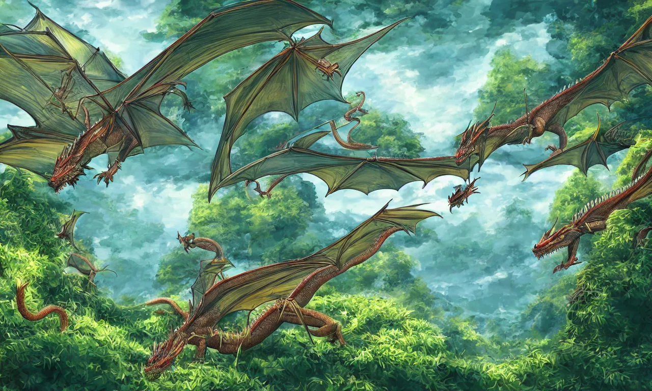 Image similar to summer chilling dragons, forested hills and interconnected high speed rails, digital art, 3 d illustration, transparent backround