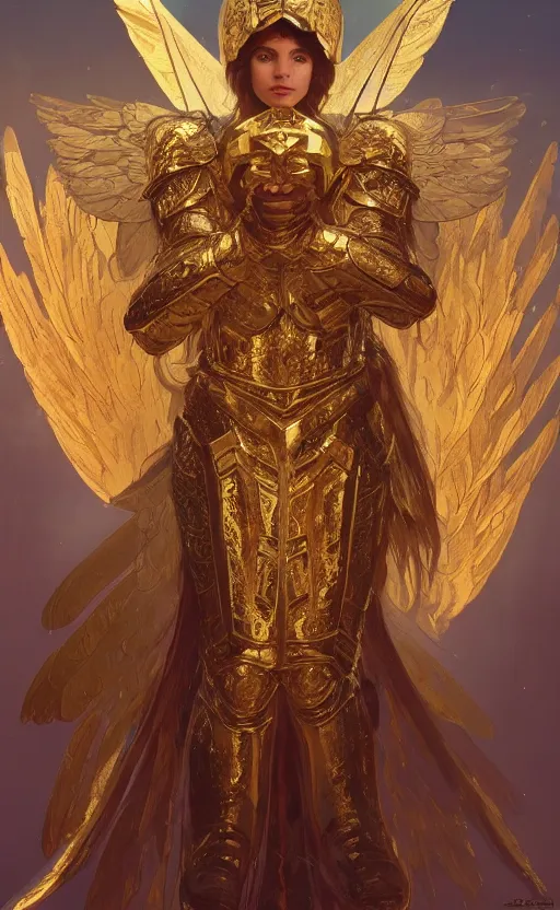 Image similar to Portrait of an archangel with golden wings, heavy armor and helmet, confident, heaven background, intricate, headshot, highly detailed, digital painting, artstation, concept art, sharp focus, cinematic lighting, illustration, art by artgerm and greg rutkowski, alphonse mucha, cgsociety