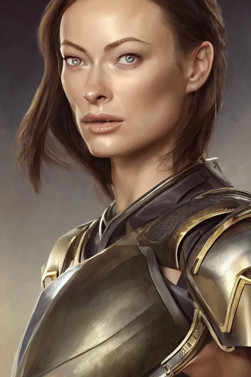 Image similar to a professional painting of a young Olivia Wilde, clothes in military armor, olive skin, long dark hair, beautiful bone structure, symmetrical facial features, intricate, elegant, digital painting, concept art, smooth, sharp focus, illustration, from StarCraft by Ruan Jia and Mandy Jurgens and Artgerm and William-Adolphe Bouguerea