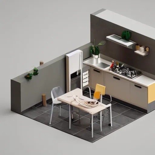 Prompt: isometric chubby kitchen, c 4 d style, 1 0 0 mm, dof, octane render, studio lighting