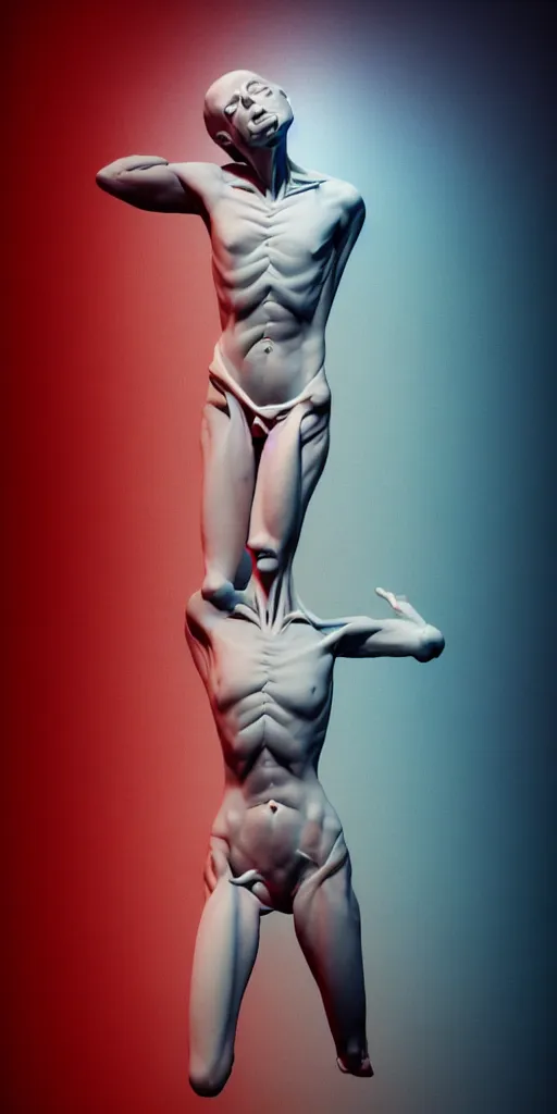 Image similar to poster design, full body anatomical model, 3 d photographic render of a deconstructed asymmetric human anatomical correct human body, in hoc signo vinces, waterfall, in the style of leonora carrington, gottfried helnwein, intricate composition, blue light by caravaggio, insanely quality, highly detailed, masterpiece, red light, artstation