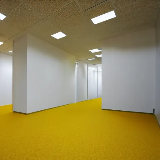 Prompt: lonely office room with yellow walls, beige carpet and tiled ceiling