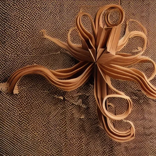 Image similar to tentacles made of brown corrugated cardboard, cut out of cardboard, realistic photography, fantasy