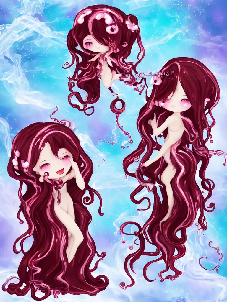 Image similar to cute fumo plush chibi gothic translucent octopus maiden princess girl washing her hair in the waves of the wavering dark galactic abyss, long black and red ruffled intricate dress with ribbons, ocean wave thunderstorm and reflective splashing water, wisps of smoke and haze and volumetric fog, ocean simulation, vignette, vray