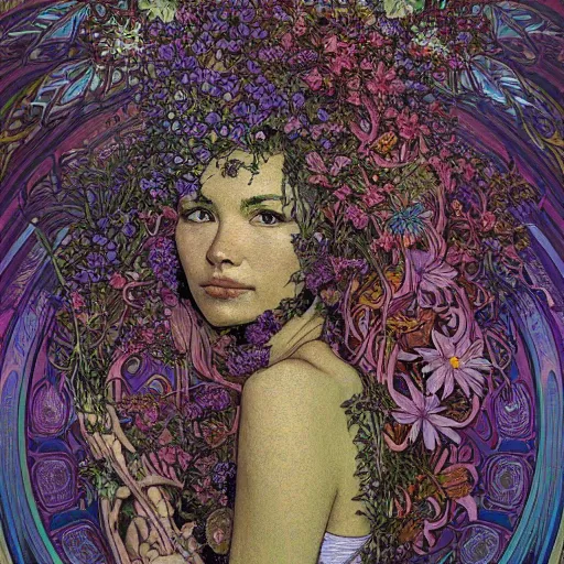 Prompt: portrait of a beautiful healthy wholesome woman made out of wildflowers only flora fauna hyperdetailed intricate detailed maximalist hyperrealism psychedelic nonsensical warped visionary art illusionary art by greg rutowski yoji shinkawa moebius alphonse mucha victo ngai yoji shinkawa apophasis shintaro kago apophasis human body apophasis