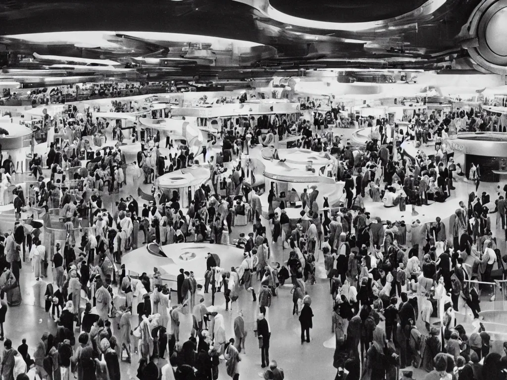 Prompt: kodachrome photo of the interior boarding area of a busy spaceport on future earth, intricate film still by stanley kubrick. very coherent photograph. cinematic, hyperrealistic, high detail