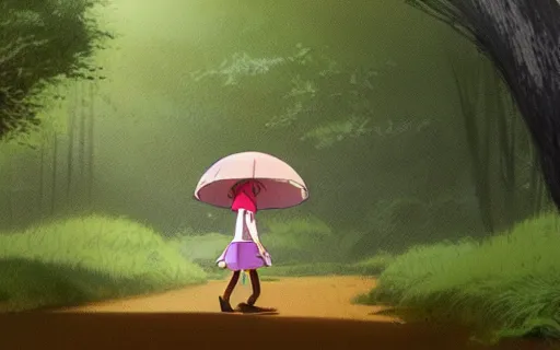 Image similar to a young girl holding an umbrella with her tiny pet capybara walking through the forest, raining, side view, shot from the side, walking to the left, art by hayao miyazaki, studio ghibli film, 4k, hi res, high detail