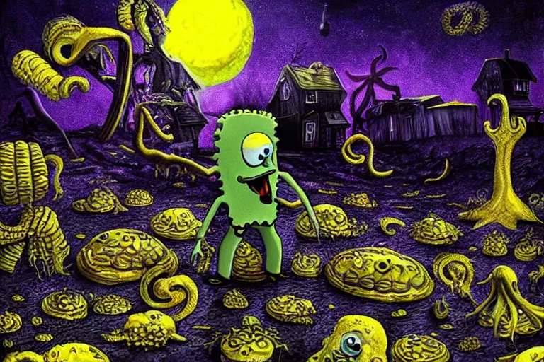 Image similar to Spongebob Cthulhu nightmare, photorealistic, high detail, movie poster, moon surface, silhouetted, lunar horizon