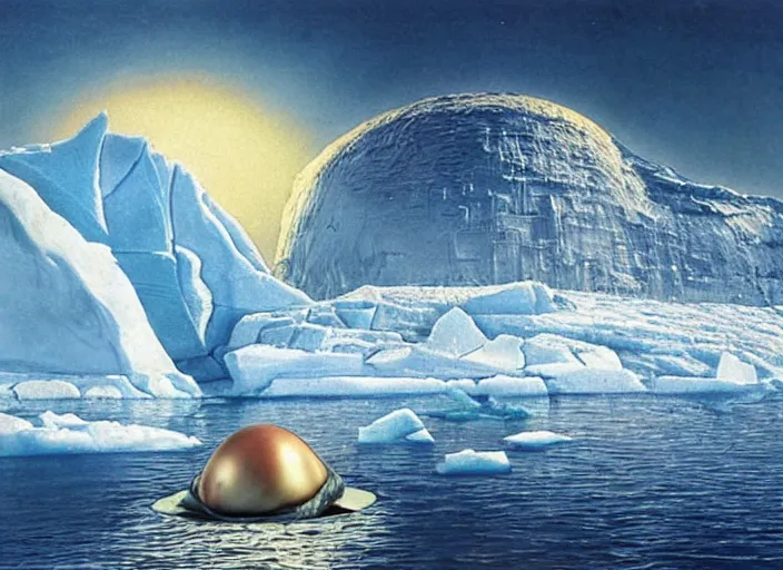 Image similar to a giant mega precious metals turtle egg sitting on an iceberg in Antarctica. -1 the night, cyberpunk art by Chesley Bonestell, cgsociety, retrofuturism, matte painting, reimagined by industrial light and magic