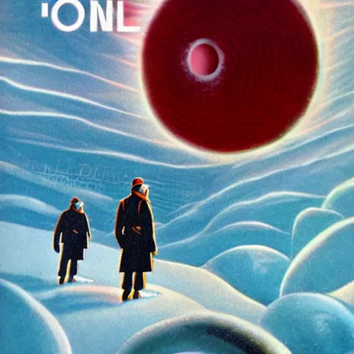 Prompt: vintage scifi novel cover. Ice. Snow. Black hole. In the style of Omni magazine.