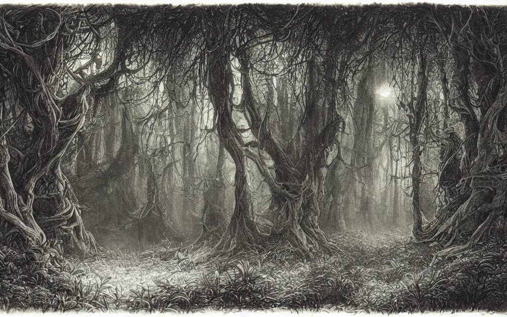 Prompt: a watercolour painting of a tangled forest at night by john blanche, alan lee, gustave dore, fog, highly detailed, storybook illustration, coloured lithograph engraving