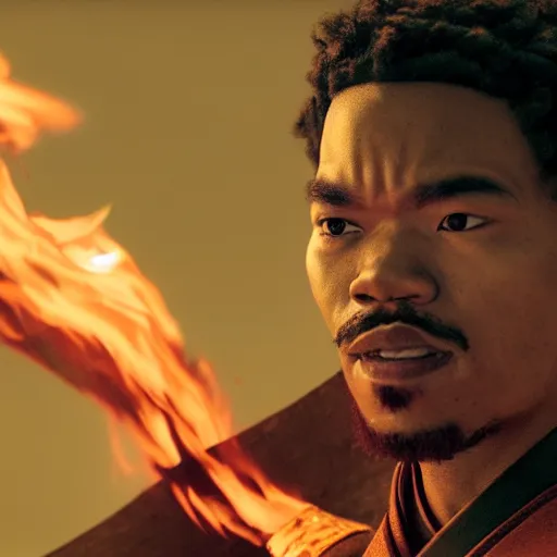 Image similar to cinematic film still of Chance The Rapper starring as a Samurai holding fire, Japanese CGI, VFX, 2022, 40mm lens, shallow depth of field, film photography