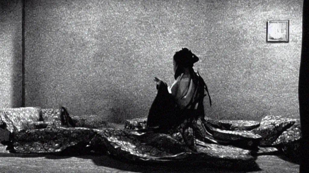 Prompt: shadow of a monstrous starfish is seen behind a woman in hanbok sitting on a couch, traditional korean interior, in. rashomon a kaiju - eiga monster movie by akira kurosawa and ishiro honda