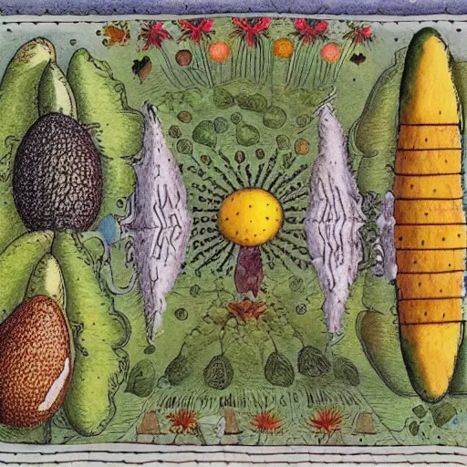 Image similar to a page from codex seraphinianus about a diagram of merging of emma watson with avocado