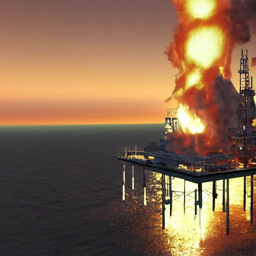 Image similar to oil platform, huge explosion with, vray, pathtracing