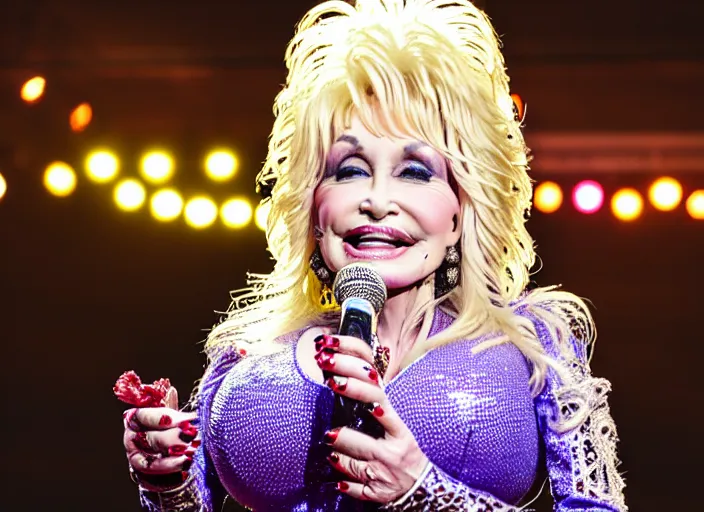 Image similar to photo still of dolly parton at the county fair!!!!!!!! at age 3 6 years old 3 6 years of age!!!!!!!! eating a turkey leg, 8 k, 8 5 mm f 1. 8, studio lighting, rim light, right side key light