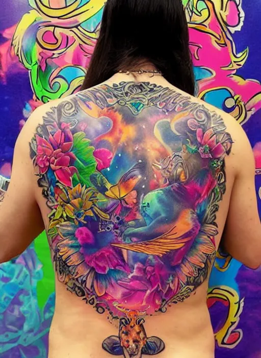 Prompt: a back tattoo inspired by lisa frank