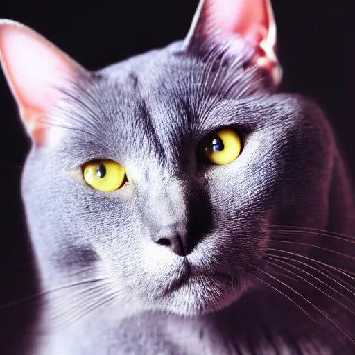 Image similar to Fujichrome Provia 100F photograph of a Russian Blue cat, sigma 85mm f/1.4, 15mm, 35mm, tilted frame, extreme long shot, action shot, long exposure, 4k, high resolution, 4k, 8k, hd, wide angle lens, highly detailed, full color, harsh light and shadow, intoxicatingly blurry