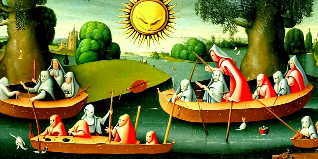 Prompt: A very detailed painting in the style of Hieronim Bosch featuring a river in Europe surrounded by trees and fields. A rubber dinghy is slowly moving through the water. Sun is shining