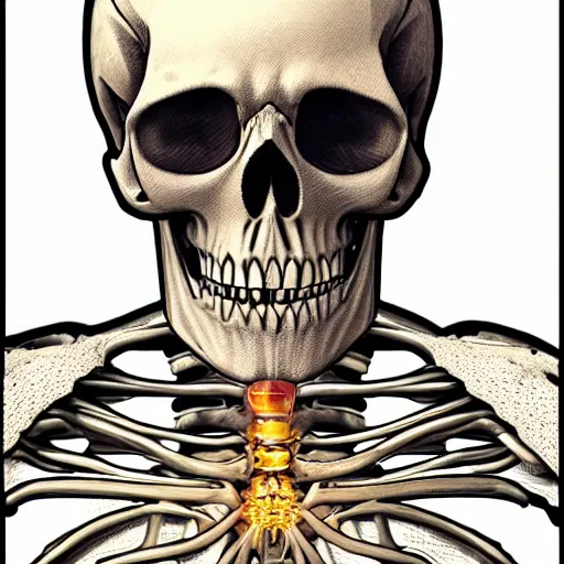 Prompt: very detailed portrait of a skeleton with crystal innards and optic fiber nerves, gears in his head and cybernetic enhancements in it's skull