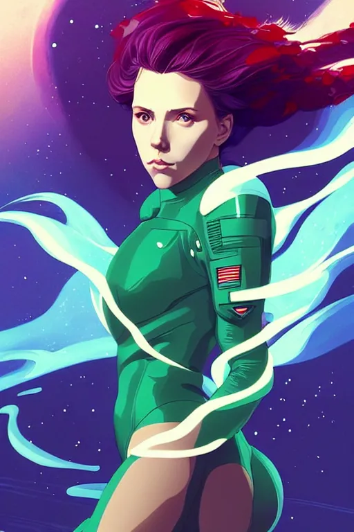 Prompt: style artgerm, joshua middleton, illustration, scarlett johansson as space astronaut wearing green pelt light armor, anime eyes, blue hair, swirling water cosmos, fantasy, dnd, cinematic lighting