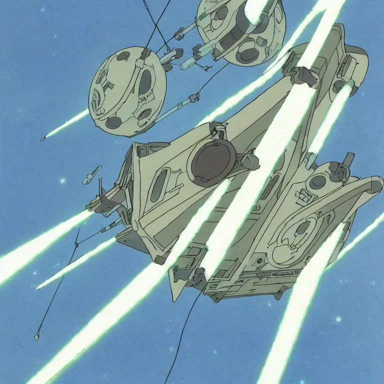 Prompt: 1 9 9 0 studio ghibli animation cel still from nausicaa of the valley of the wind of a star destroyer spewing out tie fighters