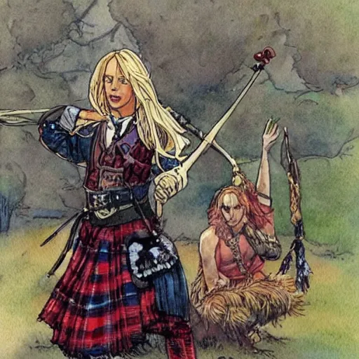 Image similar to a realistic and atmospheric watercolour fantasy concept art of britney spears dressed with scottish clothes and with bagpipe, muted colors. by rebecca guay, michael kaluta, charles vess and jean moebius giraud,