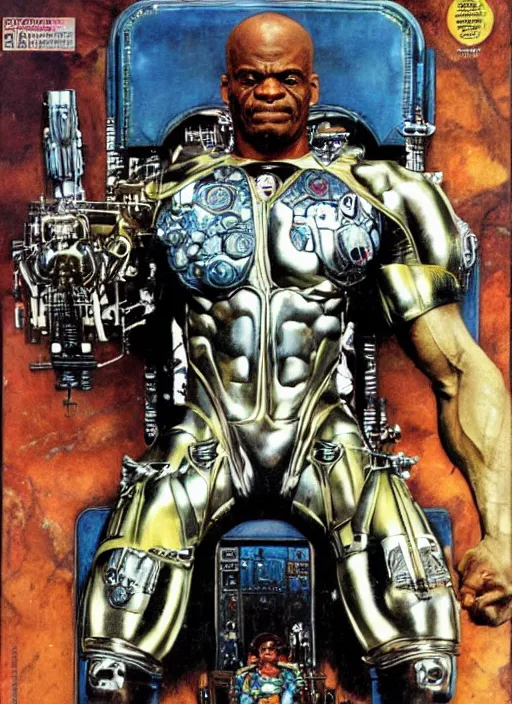 Image similar to portrait of ronnie coleman as cyborg super villain sitting on throne, by lawrence alma tadema and rick berry and norman rockwell and greg staples and jack kirby