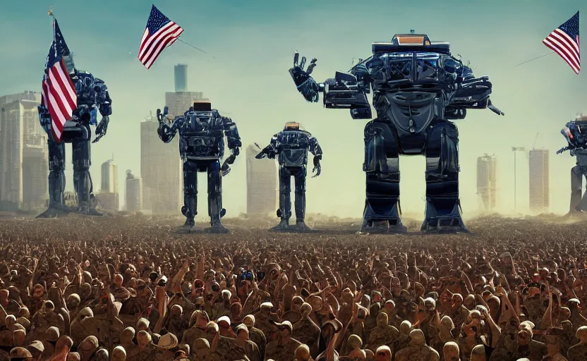 Image similar to american rednecks hail the invasion of gigantic human - like robots created by trump, artstation hq, stylized, symmetry, modeled lighting, expressive, studio photo refined, highly detailed, hyper realistic, top secret photos from military archive