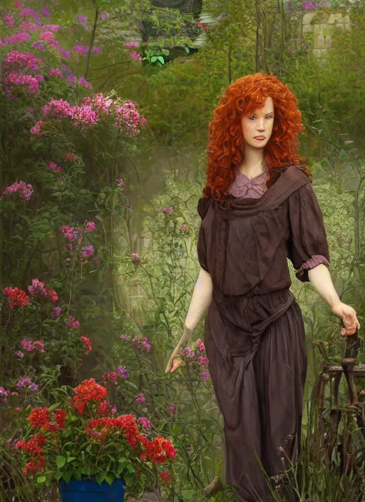 Image similar to curly redhead gardener wearing a giant flower pot as outfit physically accurate, moody dynamic lighting, very very intricate, very very elegant, highly detailed, digital painting, artstation, HR GIGER, Hieronymus Bosch, Francis Bacon, concept art, smooth, very beautiful, sharp focus, illustration, art by artgerm and greg rutkowski and alphonse mucha