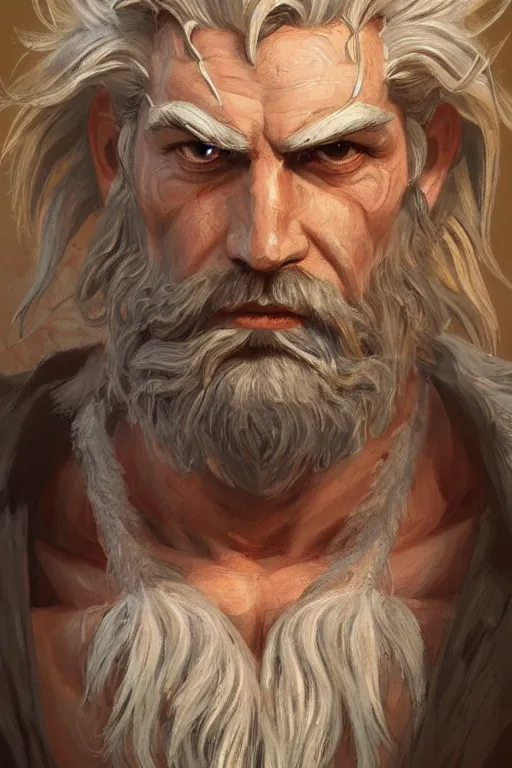 Image similar to painted portrait of rugged zeus, god of thunder, greek god, white hair, masculine, mature, handsome, upper body, muscular, hairy torso, fantasy, intricate, elegant, highly detailed, digital painting, artstation, concept art, smooth, sharp focus, illustration, art by gaston bussiere and craig mullins