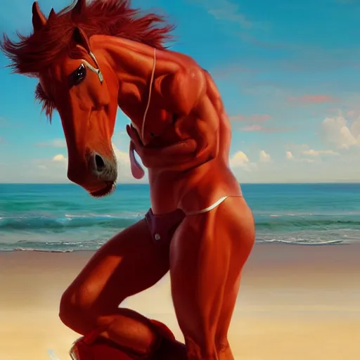 Image similar to beautiful commission of a male anthropomorphic horse wearing red shorts on the beach,digital art,art by greg rutkowski,ross tran,character design by charlie bowater,artstation,deviantart,photorealistoc,hyperdetailed,detailed face,high resolution,high quality