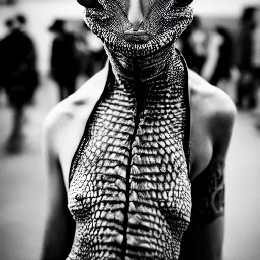 Image similar to fashion photography of a model with the head of a lizard, wearing streetwear fashion, inside berghain, futuristic fashion, photo 3 5 mm leica, hyperdetail, 8 k, very detailed, black and white