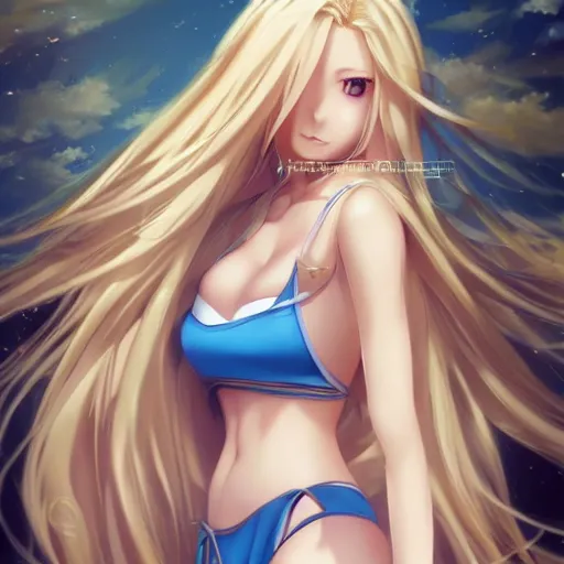 Image similar to a very beautiful young anime girl with 2 0 meters extremely long blond hair, full body, extremely long wavy 2 0 meters long blond hair, sky blue eyes, full round face,, bikini, miniskirt, front shot, extremely long thick blond hair, highly detailed, cinematic wallpaper by stanley artgerm lau